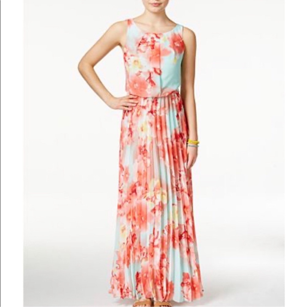 B. Darlin Floral-print Chiffon Pleated Sleeveless Maxi Dress Size 4